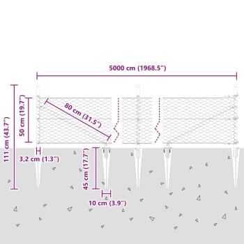Sechseckzaun Grau 0,5x50 m Stahl, Zaunpfosten mit Spike 13 Stück Ø32 mm 80 cm verzinkter Stahl
