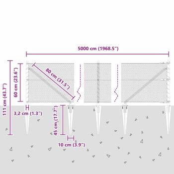 Sechseckzaun Grau 0,6x50 m Stahl, Zaunpfosten mit Spitze 13 Stück Ø32 mm 80 cm Verzinkter Stahl