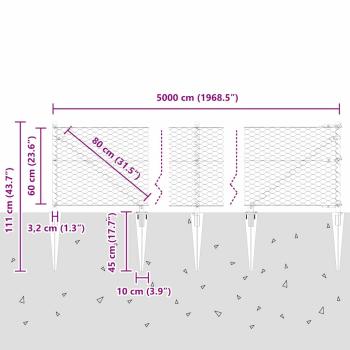 Sechseckzaun Grau 0,6x50 m Stahl, Zaunpfosten mit Spike 13 Stk Ø32 mm 80 cm feuerverzinkter Stahl