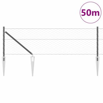 Hexagonzaun Grau 0.6x50 m Stahl, Zaunpfosten mit Spike 13 Stück Ø32 mm 80 cm galvanisierter Stahl