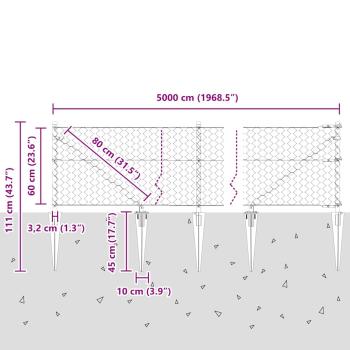 Hexagonzaun Grau 0.6x50 m Stahl, Zaunpfosten mit Spike 13 Stück Ø32 mm 80 cm galvanisierter Stahl