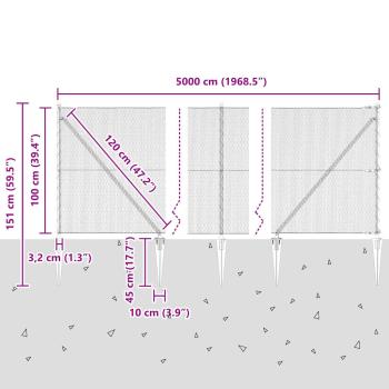 Sechseckzaun Grau 1x50 m Stahl, Zaunpfosten mit Spitze 13 Stück Ø32 mm 120 cm Verzinkter Stahl