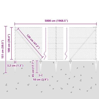 Sechseckzaun Grau 1x50 m Stahl, Zaunpfosten mit Spike 13 Stück Ø32 mm 120 cm verzinkter Stahl
