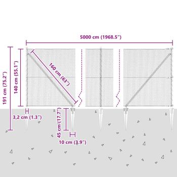 Hexagon Zaun Grau 1,4x50 m Stahl, Zaunpfosten mit Spitze 13 Stück Ø32 mm 160 cm verzinkter Stahl