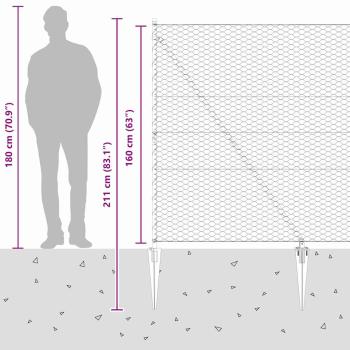 Hexagon Zaun Grau 1,6x50 m Stahl, Zaunpfosten mit Spike 13 Stk Ø32 mm 180 cm Verzinkter Stahl