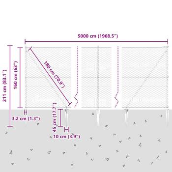 Sechseck-Zaun Grau 1,6 x 50 m Stahl, Zaunpfosten mit Spike 13 Stück Ø32 mm 180 cm verzinkter Stahl