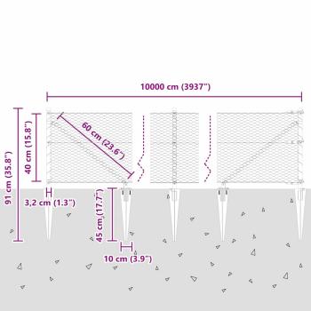 Sechseckzaun Grau 0,4x100 m Stahl, Zaunpfähle mit Spike 13 Stück Ø32 mm 60 cm verzinkter Stahl