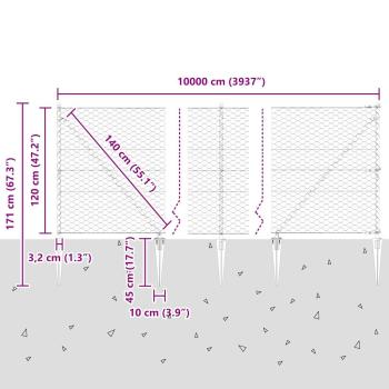 Hexagonzaun Grau 1,2x100 m Stahl, Zaunpfosten mit Spitze 13 Stück Ø32 mm 140 cm verzinkter Stahl