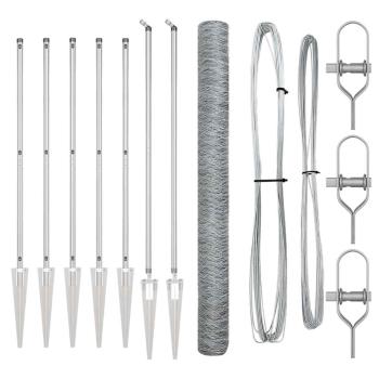 Sechskantzaun 1,6x10 m verzinkter Stahl, Zaunpfosten mit Spike 7 Stück Ø32 mm 180 cm verzinkter Stahl
