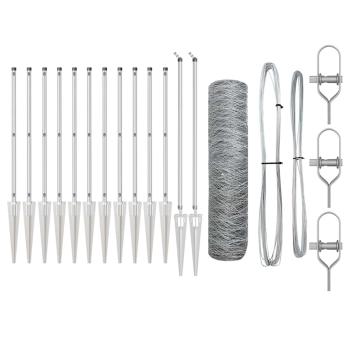 Sechskantzaun 0,6x25 m feuerverzinkter Stahl, Zaunpfosten mit Spike 13 Stück Ø32 mm 80 cm feuerverzinkter Stahl