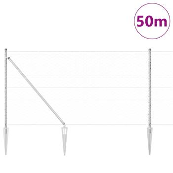 Hexagon Zaun 1x50 m Verzinkter Stahl, Zaunpfosten mit Spitze 13 Stück Ø32 mm 120 cm Verzinkter Stahl