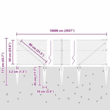Hexagon Zaun 0.6x100 m Verzinkter Stahl, Zaunpfosten mit Spike 13 Stück Ø32 mm 80 cm Verzinkter Stahl