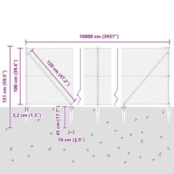 Sechseckzaun 1x100 m Verzinkter Stahl, Zaunpfosten mit Spitze 13 Stk Ø32 mm 120 cm Verzinkter Stahl