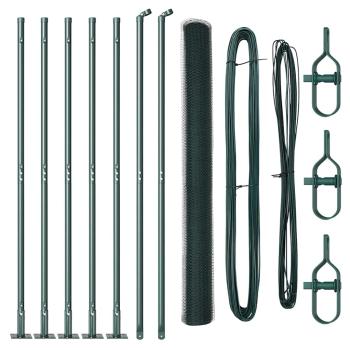 Grüner Sechseckzaun 1,4x10 m aus Stahl, Zaunpfosten mit Fußplatten 7 Stück Ø32mm 78,5cm verzinkter Stahl