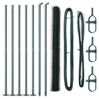 Sechseckzaun Grün 1,4x10 m Stahl, Zaunpfosten mit Fußplatten 7 tlg Ø32mm 78,5cm verzinkter Stahl