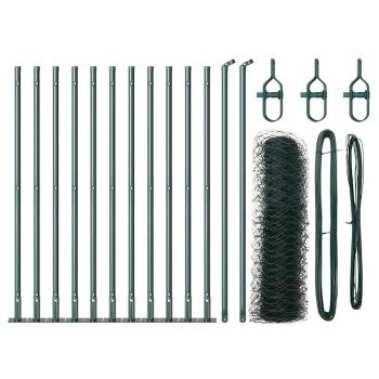 Sechseckzaun Grün 0.4x25 m Stahl, Zaunpfosten mit Bodenplatten 13 Stück Ø32mm 50cm verzinkter Stahl