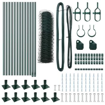 Sechseckzaun Grün 0.4x25 m Stahl, Zaunpfosten mit Bodenplatten 13 Stück Ø32mm 50cm verzinkter Stahl