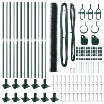 Sechseck-Zaun Grün 1,6x25 m Stahl, Zaunpfosten mit Fußplatten 13 Stück Ø32mm 88,5cm verzinkter Stahl