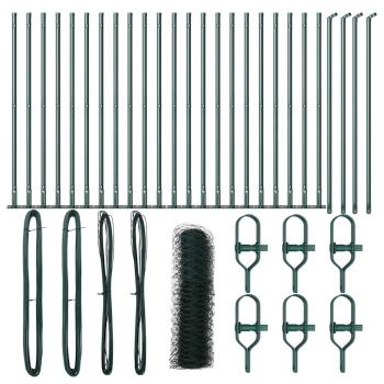 Sechseckzaun Grün 0,4x50 m Stahl, Zaunpfosten mit Bodenplatten 13 Stk Ø32mm 50cm verzinkter Stahl