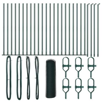 Sechseckzaun Grün 1x50 m Stahl, Zaunpfosten mit Base-Platten 13 Stk Ø32mm 110cm verzinkter Stahl