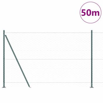 Sechseckzaun Grün 1,6x50 m Stahl, Zaunpfosten mit Fußplatten 13 Stück Ø32mm 88,5cm verzinkter Stahl