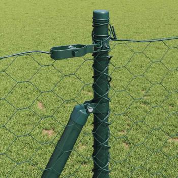 Sechseckzaun Grün 1x100 m Stahl, Zaunpfosten mit Fundamentplatten 13 Stück Ø32mm 110cm verzinkter Stahl