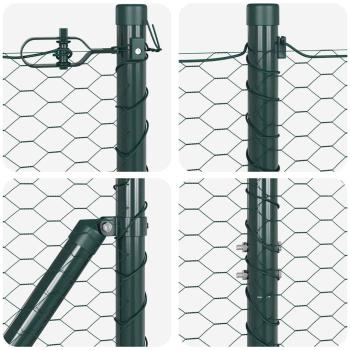 Sechseckzaun Grün 1,6x100 m Stahl, Zaunpfosten mit Basisplatten 13 Stück Ø32mm 88,5cm verzinkter Stahl