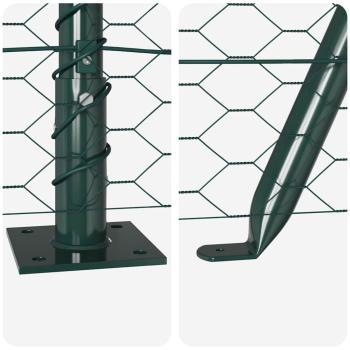 Sechseckenzaun Grün 1,6x100 m Stahl, Zaunpfosten mit Bodenplatten 13 Stk Ø32mm 88,5cm verzinkter Stahl