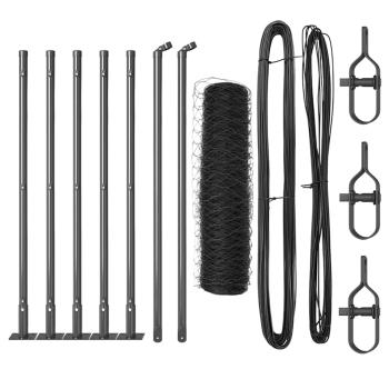 Sechseckzaun Grau 0,4x10 m Stahl, Zaunpfosten mit Bodenplatten 7 Stück Ø32mm 50cm verzinkter Stahl