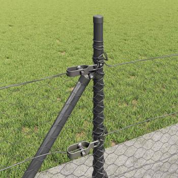 Sechseckzaun Grau 0.5x10 m Stahl, Zaunpfosten mit Fußplatten 7 Stück Ø32mm 70cm verzinkter Stahl