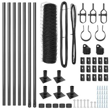 Sechseckzaun Grau 0.5x10 m Stahl, Zaunpfosten mit Fußplatten 7 Stück Ø32mm 70cm verzinkter Stahl