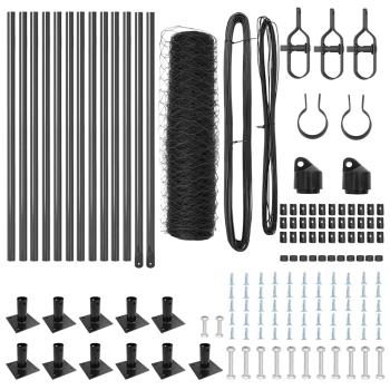 Sechsecken-Zaun Grau 0,6x25 m Stahl, Zaunpfosten mit Bodenplatten 13 Stk Ø32mm 70cm verzinkter Stahl