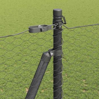 Sechseckzaun Grau 1,4x25 m Stahl, Zaunpfosten mit Bodenplatten 13 St. Ø32mm 78,5cm verzinkter Stahl