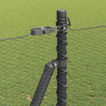 Sechseckzaun Grau 1,6x50 m Stahl, Zaunpfosten mit Fußplatten 13 Stück Ø32mm 88,5cm verzinkter Stahl