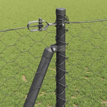 Sechseckzaun Grau 1.2x100 m Stahl, Zaunpfosten mit Fußplatten 13 Stück Ø32mm 68,5cm verzinkter Stahl