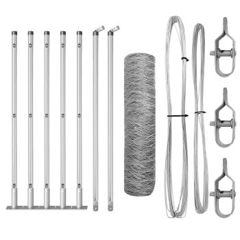 Sechseckzaun 0.6x10 m Feuerverzinkter Stahl, Zaunpfosten mit Grundplatten 7 Stück Ø32mm 70cm Feuerverzinkter Stahl