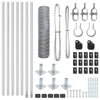 Sechseckzaun 0.6x10 m Feuerverzinkter Stahl, Zaunpfosten mit Grundplatten 7 Stück Ø32mm 70cm Feuerverzinkter Stahl