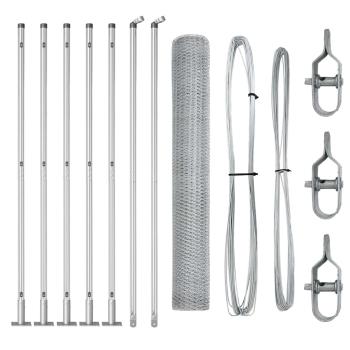 Sechseckzaun 1x10 m Verzinkter Stahl, Zaunpfosten mit Fußplatten 7 Stk Ø32mm 110cm Verzinkter Stahl
