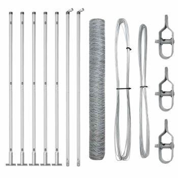 Sechseckiger Zaun 1x10 m Verzinkter Stahl, Zaunpfosten mit Bodenplatten 7 Stück Ø32mm 110cm Verzinkter Stahl