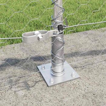 Sechseckzaun 0,4x25 m verzinkter Stahl, Zaunpfosten mit Bodenplatten 13 Stück Ø32mm 50cm verzinkter Stahl