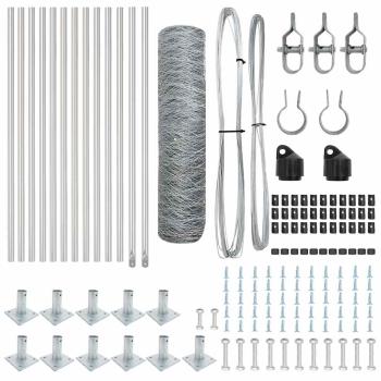Sechseckzaun 0,6x25 m verzinkter Stahl, Zaunpfosten mit Bodenplatten 13 Stück Ø32mm 70cm verzinkter Stahl