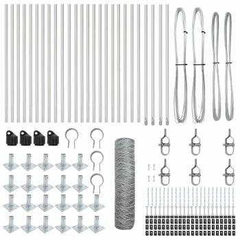 Sechseckzaun 0.5x50 m Verzinkter Stahl, Zaunpfosten mit Fußplatten 13 Stück Ø32mm 70cm Verzinkter Stahl