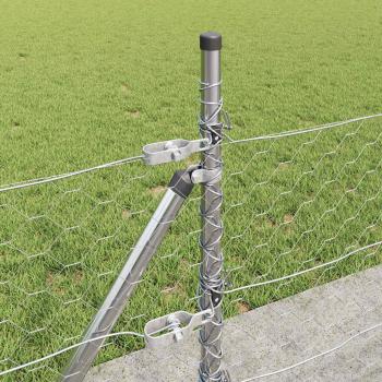 Sechskantzaun 0.5x50 m verzinkter Stahl, Zaunpfosten mit Fußplatten 13 Stück Ø32mm 70cm verzinkter Stahl