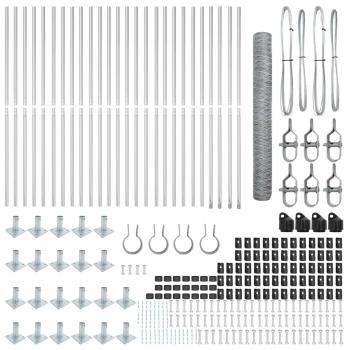 Hexagonzaun 1,2x50 m Feuerverzinkter Stahl, Zaunpfosten mit Fußplatten 13 Stück Ø32mm 68,5cm Feuerverzinkter Stahl