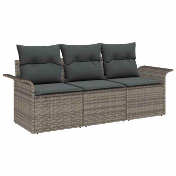 3-teilige Garten Sofa Set mit Kissen Grau Poly Rattan, 2-Sitzer Garten Sofa mit Stauraum & Kissen Grau Poly Rattan