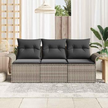3-teilige Garten Sofa Set mit Kissen Grau Poly Rattan, 2-Sitzer Garten Sofa mit Stauraum & Kissen Grau Poly Rattan