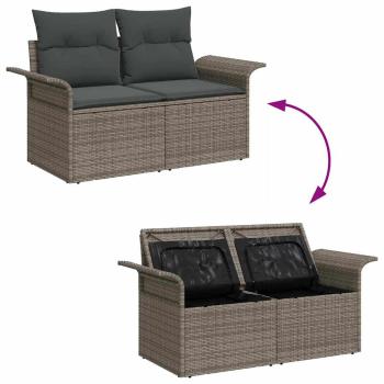 3-teilige Garten Sofa Set mit Kissen Grau Poly Rattan, 2-Sitzer Garten Sofa mit Stauraum & Kissen Grau Poly Rattan
