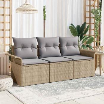 ARDEBO.de - 3-teiliges Garten-Sofa-Set mit Kissen in Beige aus Poly Rattan, 2-Sitzer Garten-Sofa mit Stauraum & Kissen in Beige aus Poly Rattan