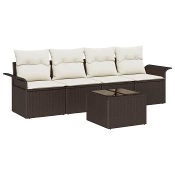 5-teiliges Garten Sofaset mit Kissen Braun Poly Rattan, 2-Sitzer Garten Sofa mit Stauraum & Kissen Braun Poly Rattan
