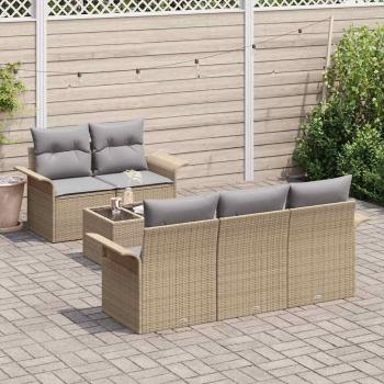6-teiliges Garten Sofa Set mit Kissen Beige Poly Rattan, 2-Sitzer Garten Sofa mit Stauraum & Kissen Beige Poly Rattan